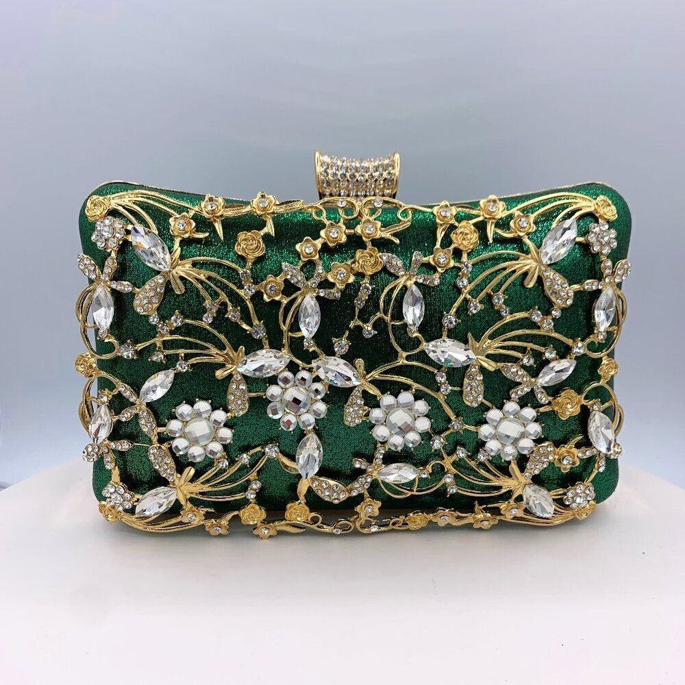 Purse/clutch/bag, deep emerald green, gold metal with crystals, hand or shoulder